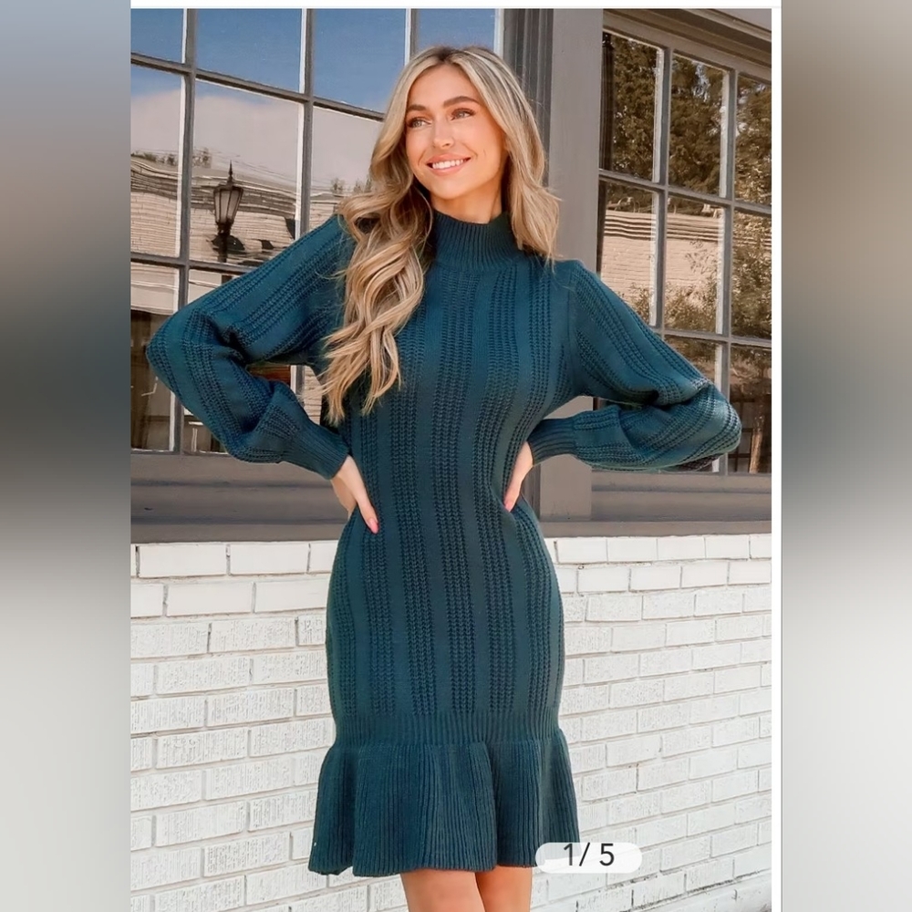 Blue green flounce sweater dress